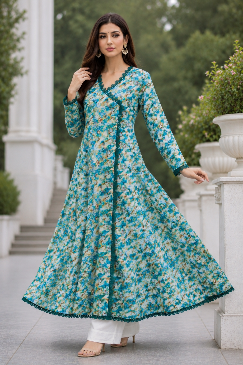 Aqua Green Floral Lawn Frock | Premium Maxi Dress for Women