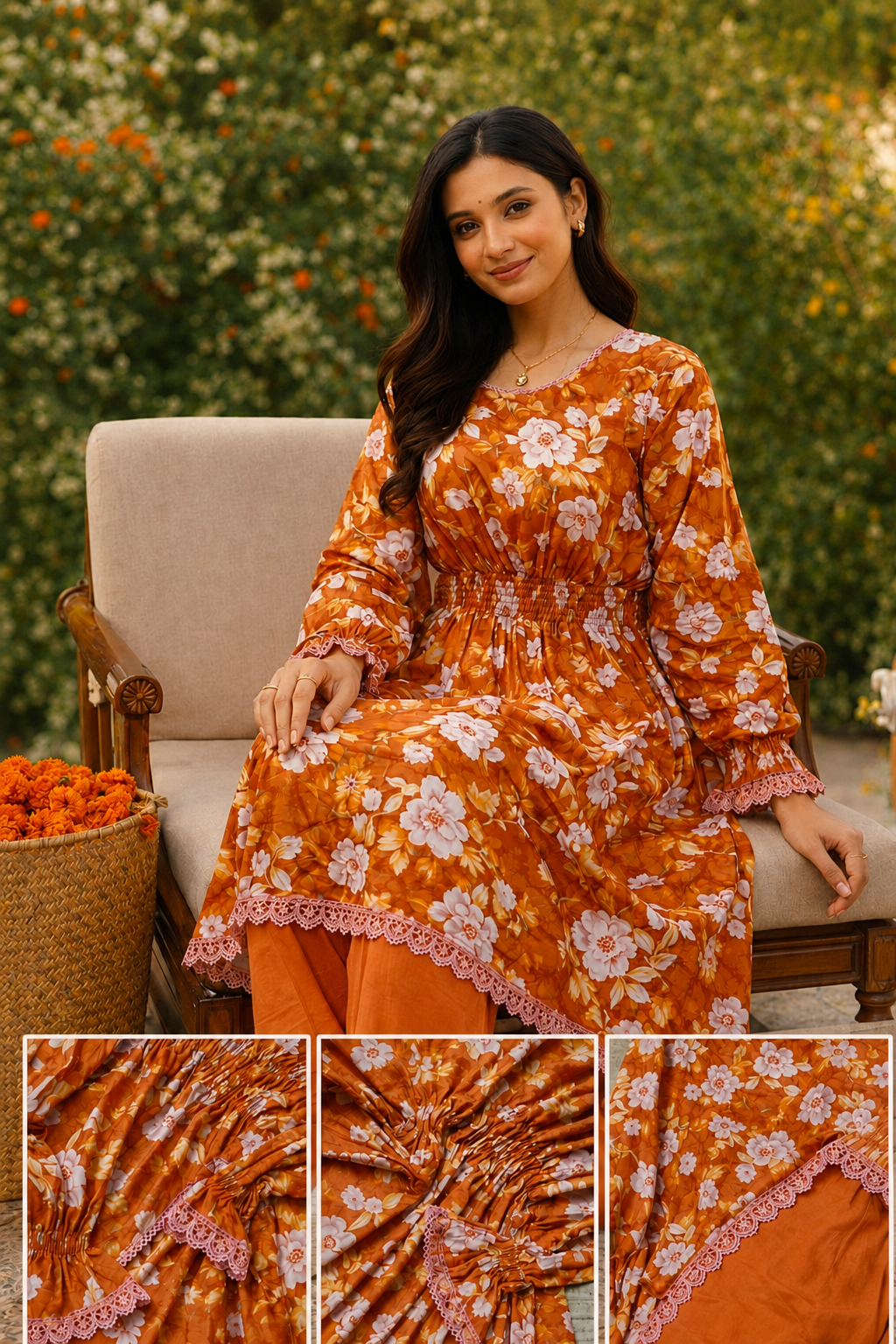 Stylek Shop – Floral Printed Smocked Frock with Trouser