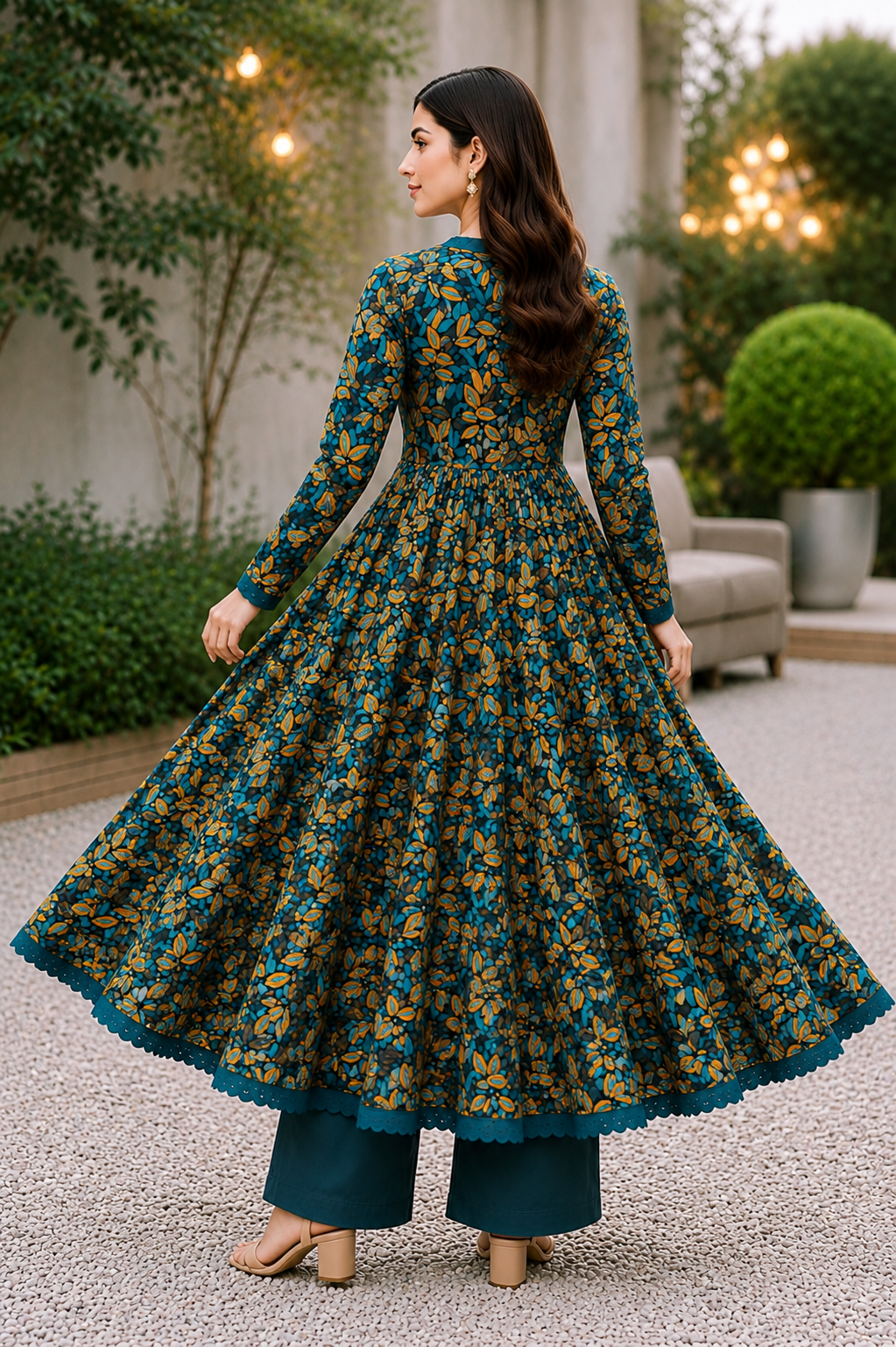 Teal Floral Lawn Frock Suit – Premium Printed Long Frock with Trouser
