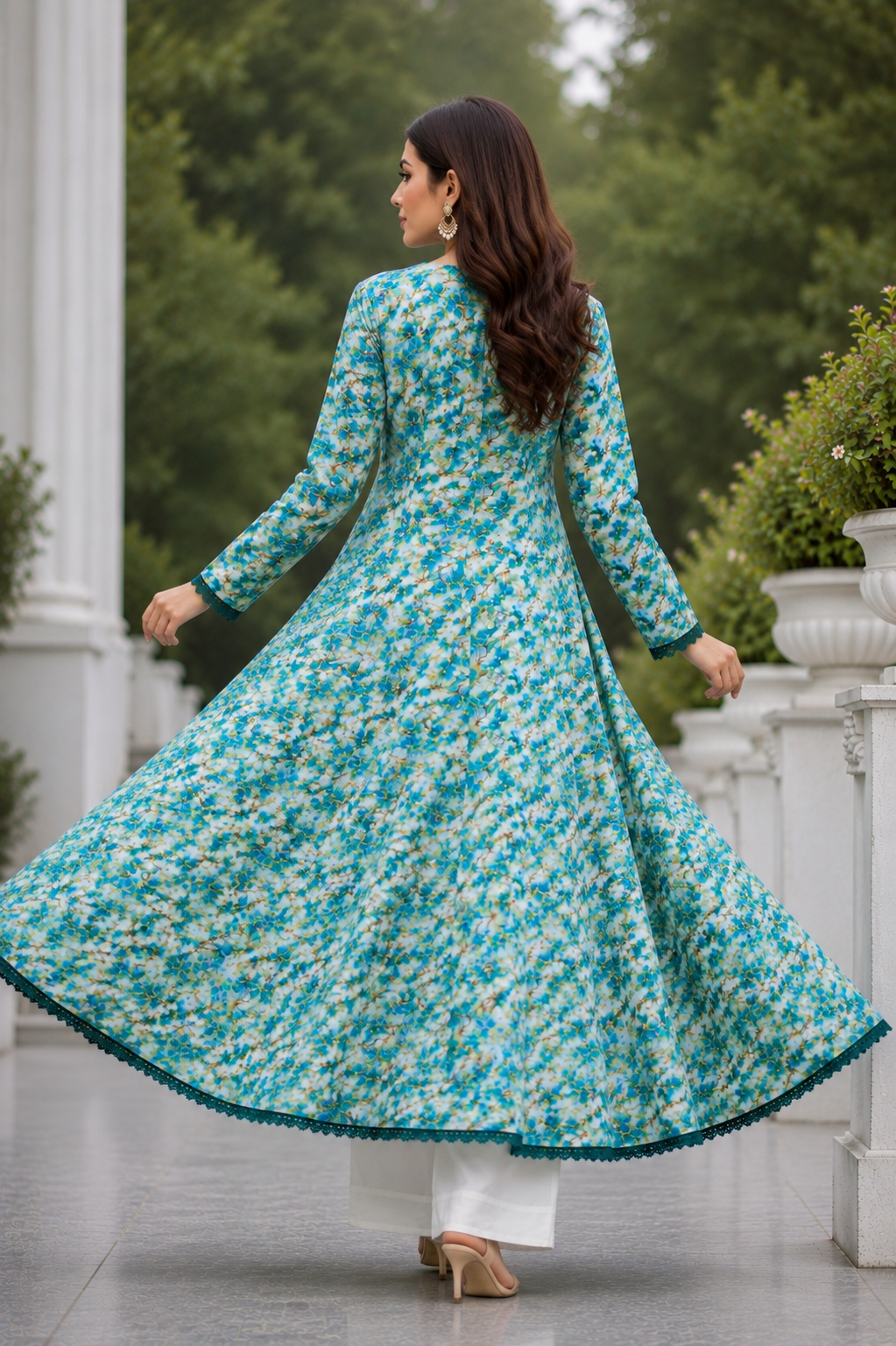 Aqua Green Floral Lawn Frock | Premium Maxi Dress for Women