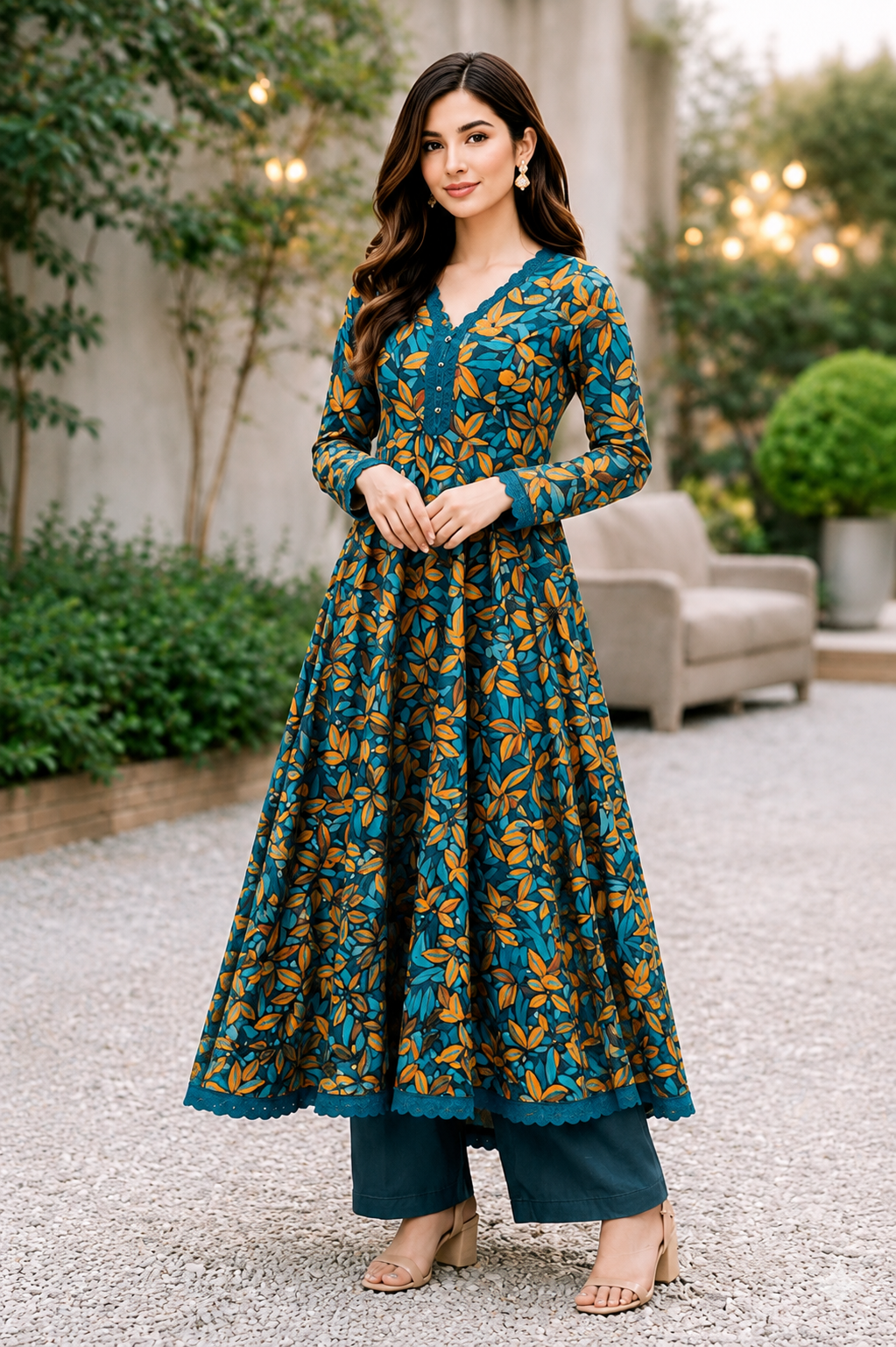 Teal Floral Lawn Frock Suit – Premium Printed Long Frock with Trouser
