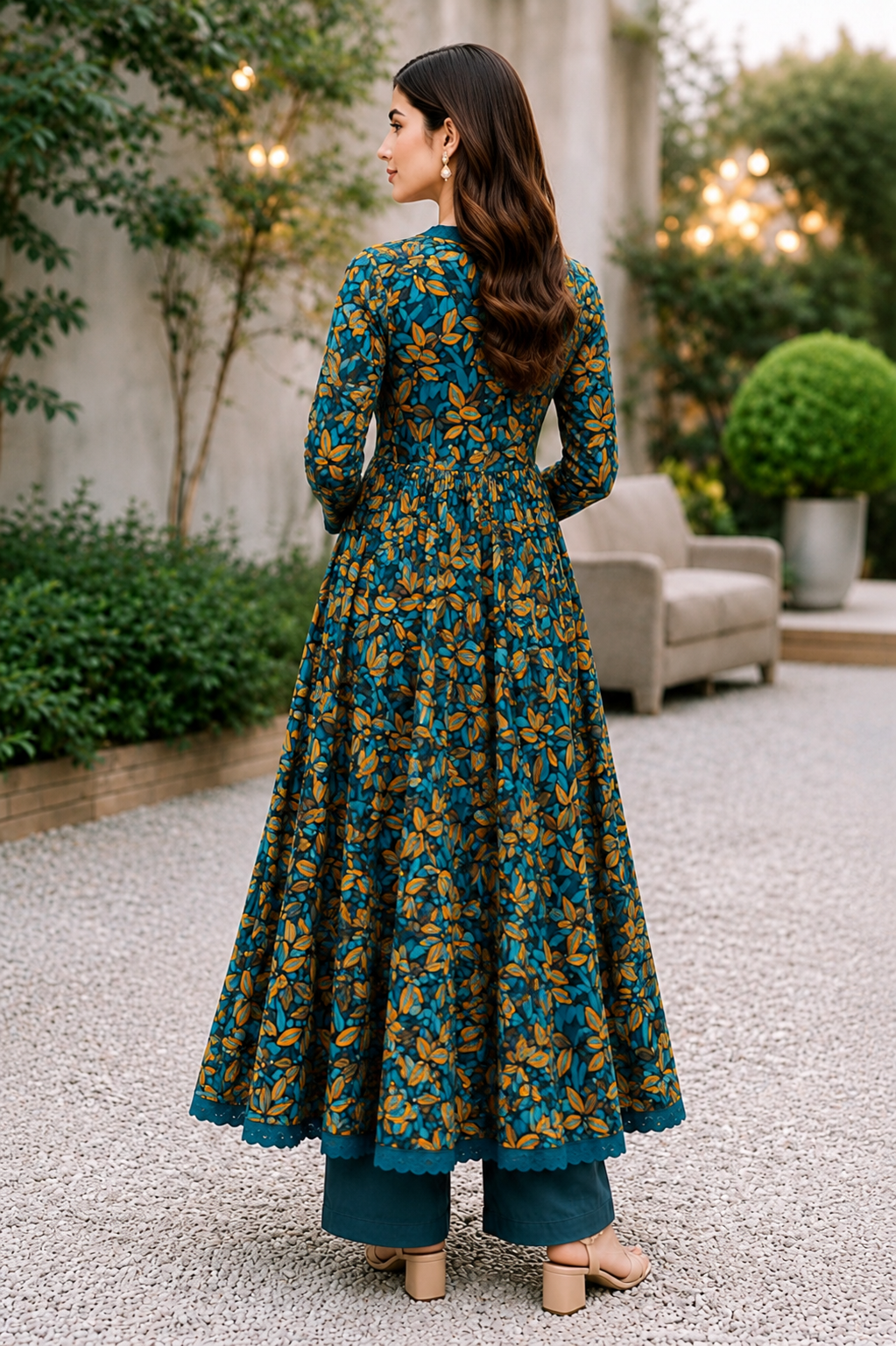 Teal Floral Lawn Frock Suit – Premium Printed Long Frock with Trouser