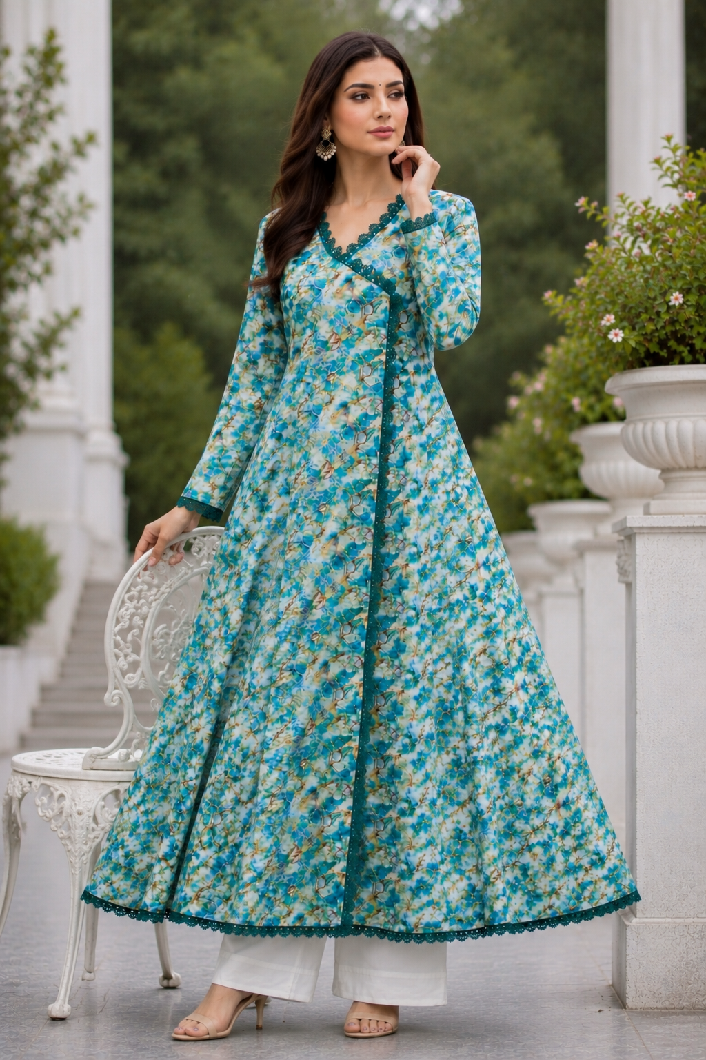 Aqua Green Floral Lawn Frock | Premium Maxi Dress for Women