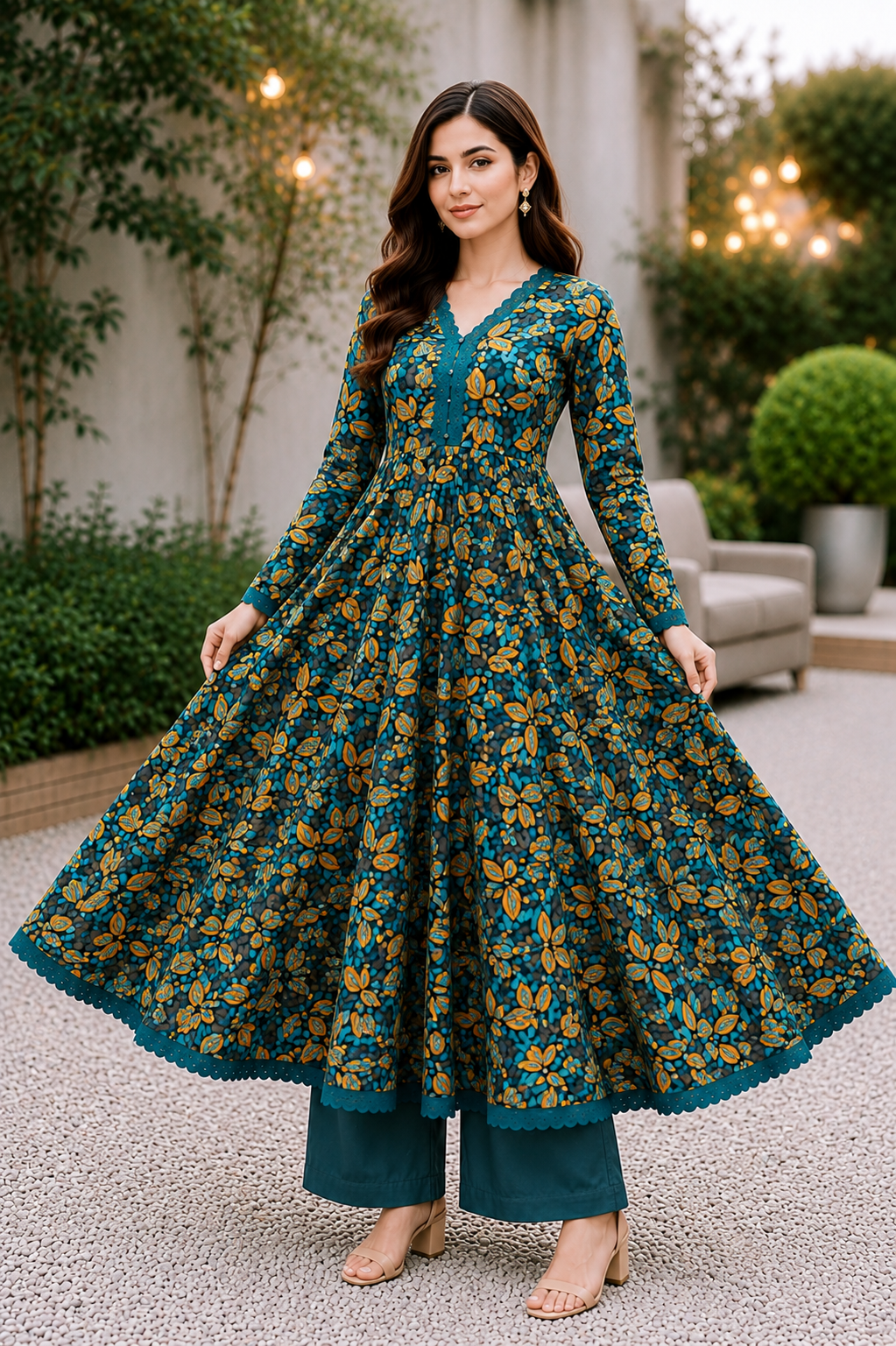 Teal Floral Lawn Frock Suit – Premium Printed Long Frock with Trouser
