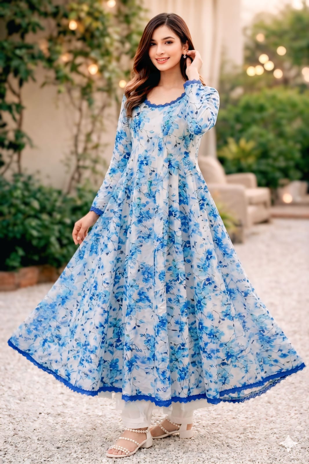 Sky Blue Floral Lawn Maxi Frock | Premium Summer Wear for Women