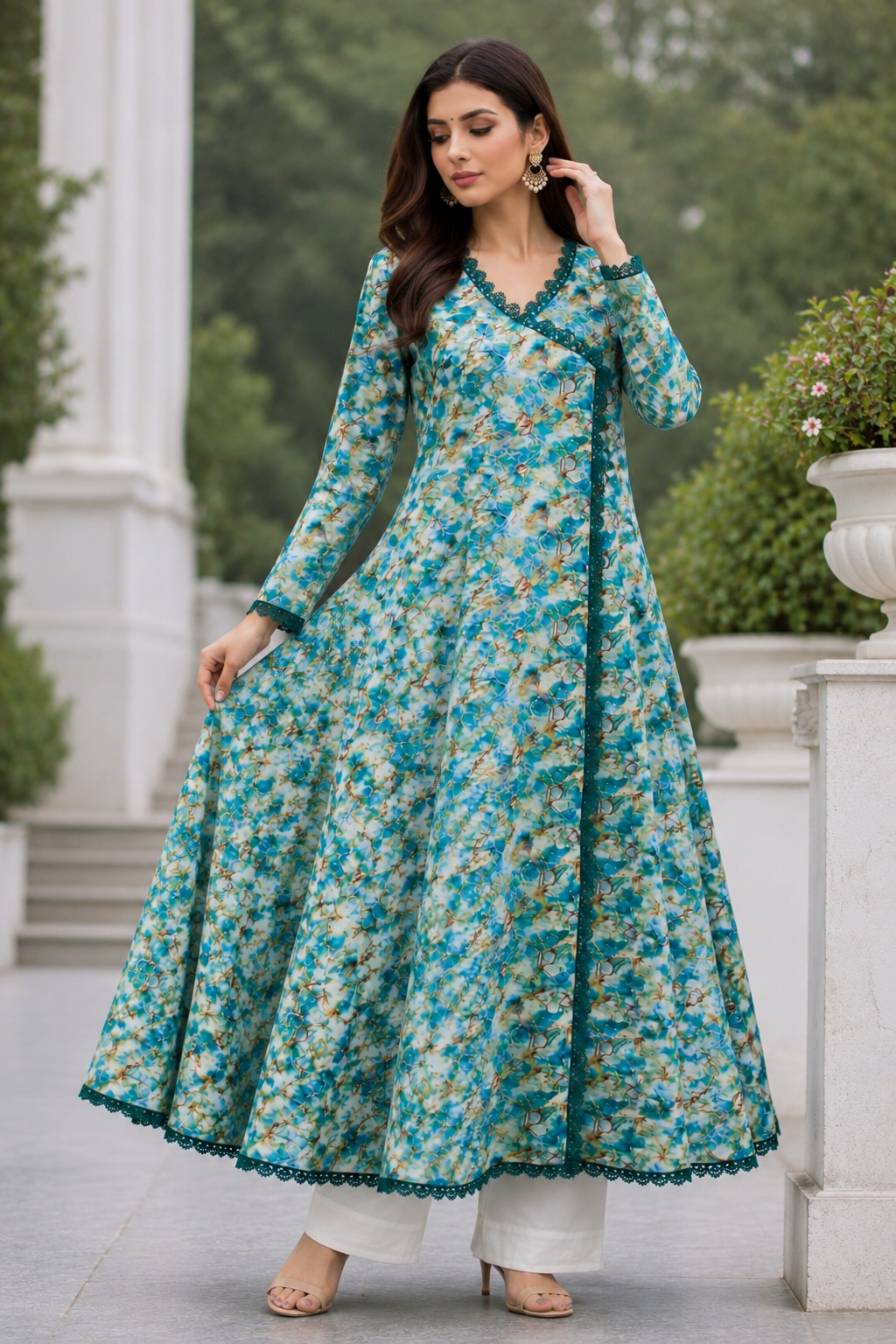 Aqua Green Floral Lawn Frock | Premium Maxi Dress for Women
