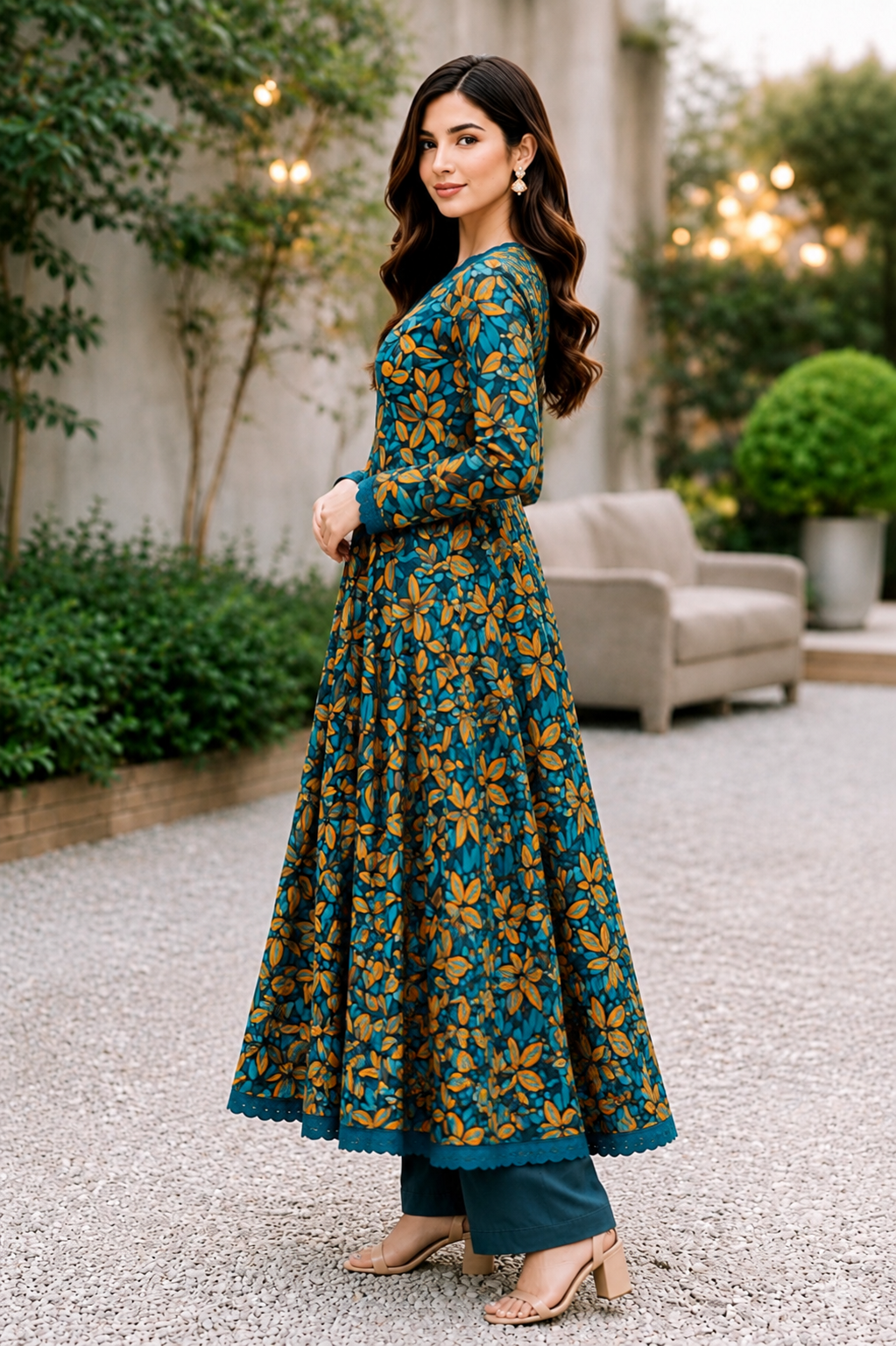 Teal Floral Lawn Frock Suit – Premium Printed Long Frock with Trouser