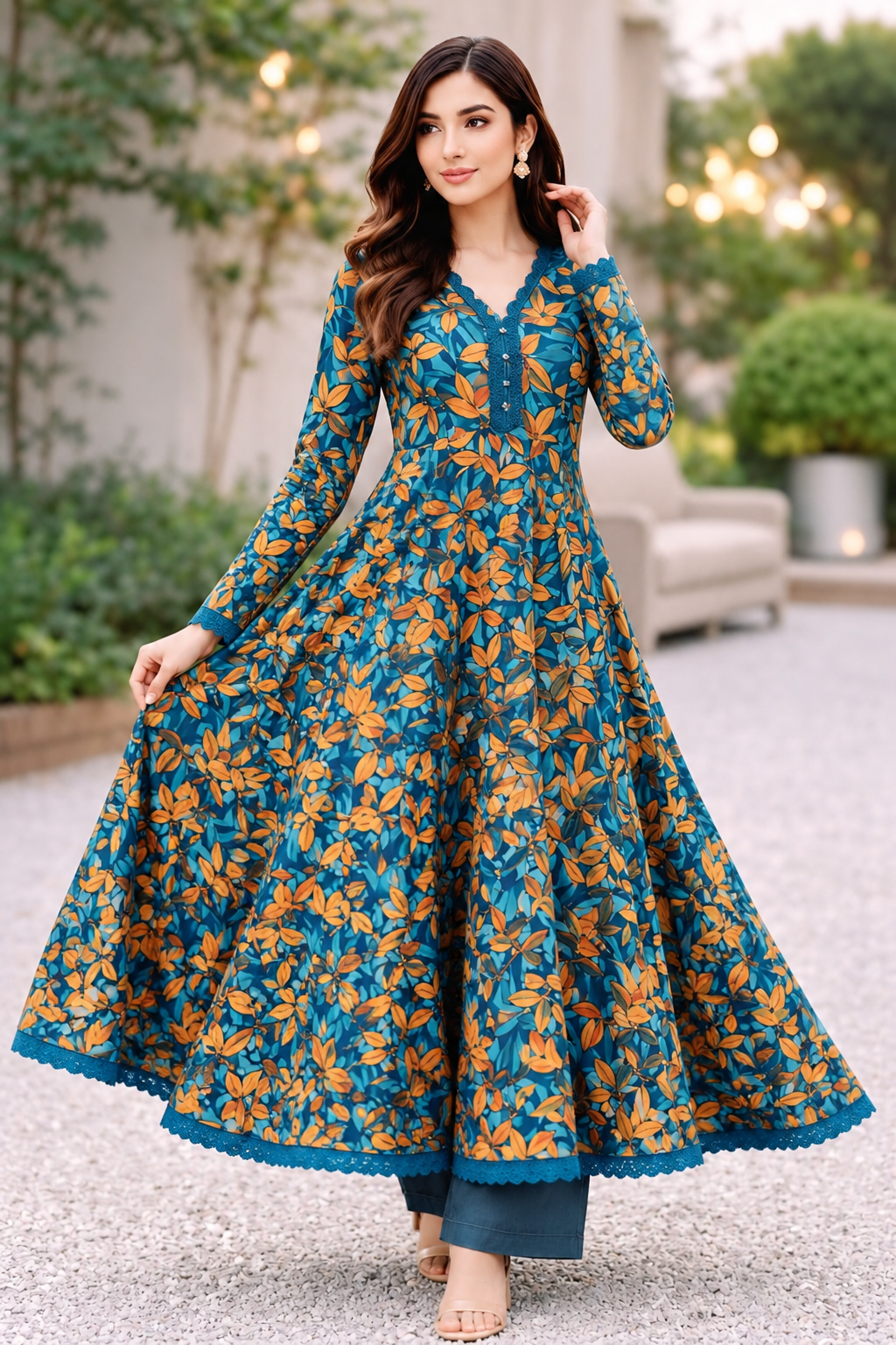 Teal Floral Lawn Frock Suit – Premium Printed Long Frock with Trouser