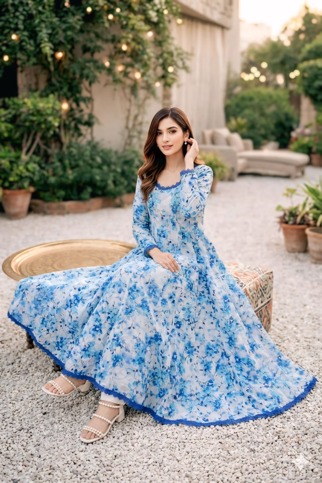 Sky Blue Floral Lawn Maxi Frock | Premium Summer Wear for Women