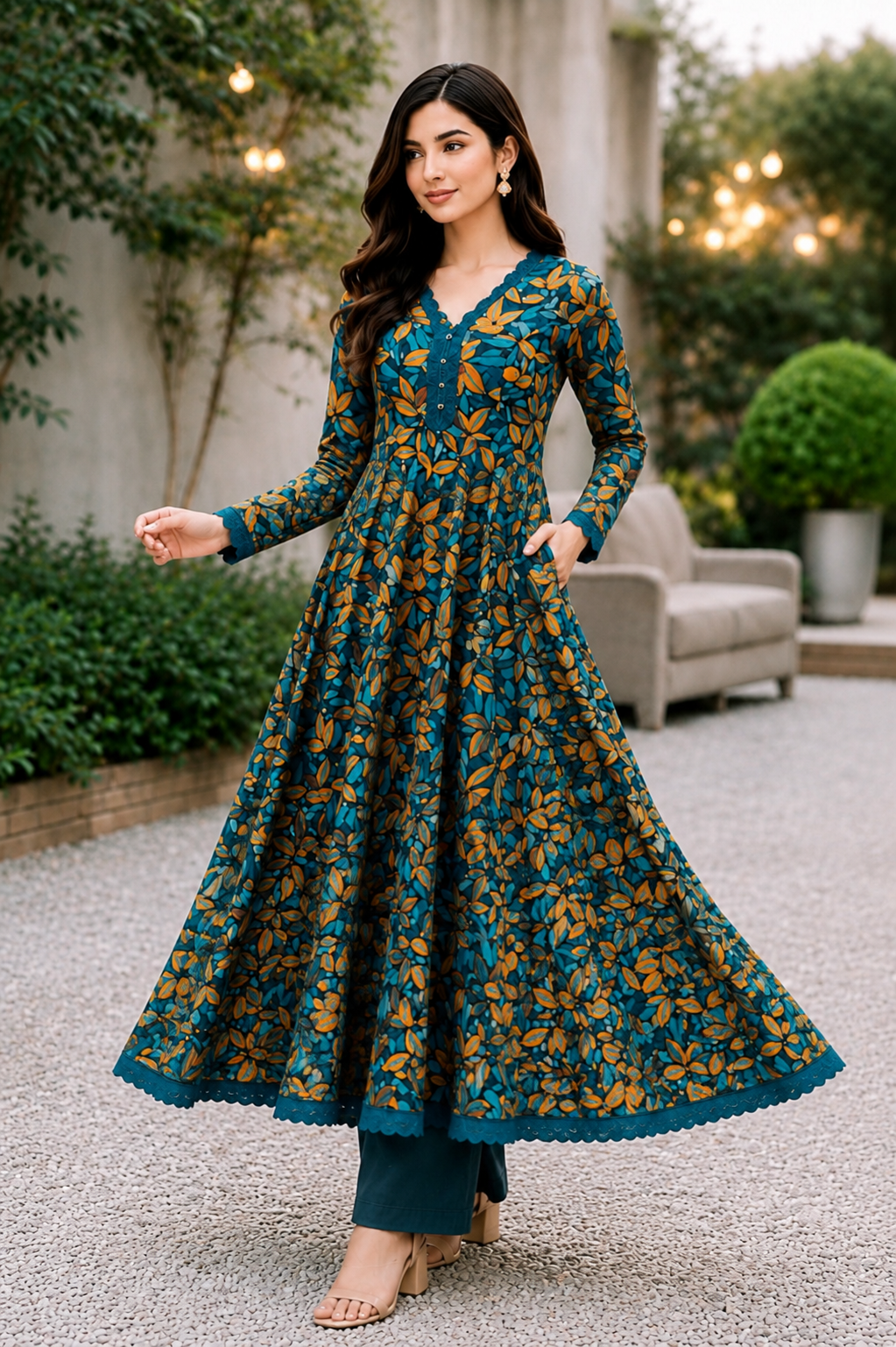 Teal Floral Lawn Frock Suit – Premium Printed Long Frock with Trouser