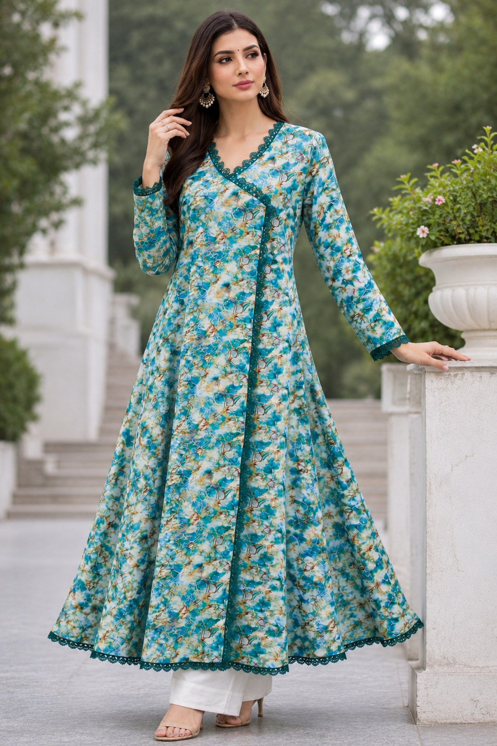 Aqua Green Floral Lawn Frock | Premium Maxi Dress for Women