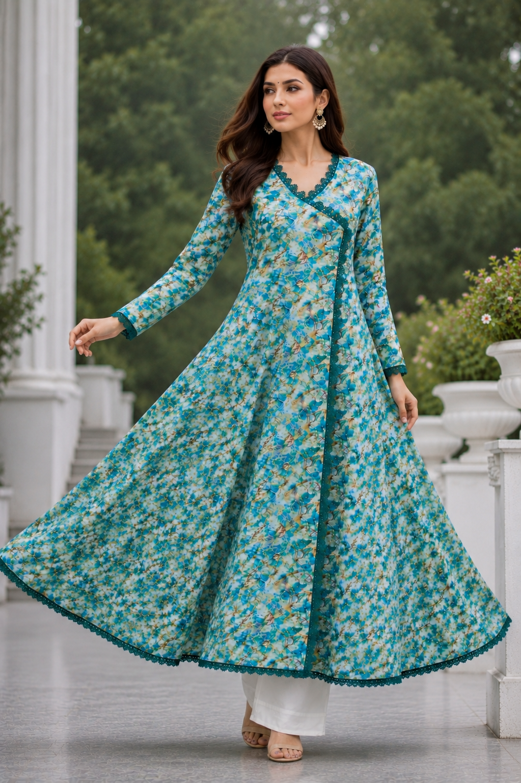 Aqua Green Floral Lawn Frock | Premium Maxi Dress for Women